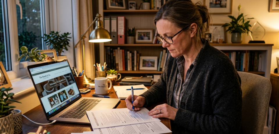 A3_Pic1__A business owner at a desk reviewing a comprehensive website checklist