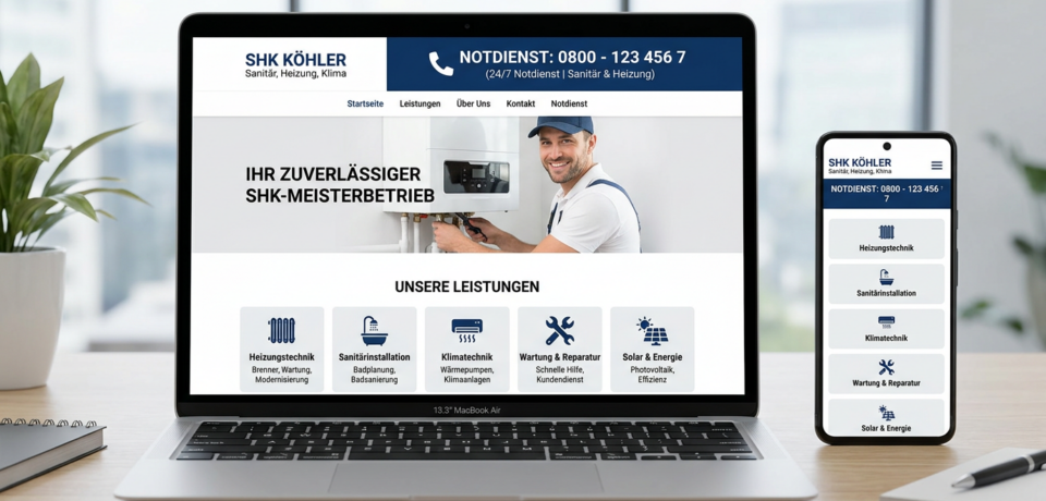 4_Gemini Flash_A clean professional SHK business website showing emergency service