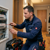 A11B1_A professional electrician in work uniform working on a fuse box