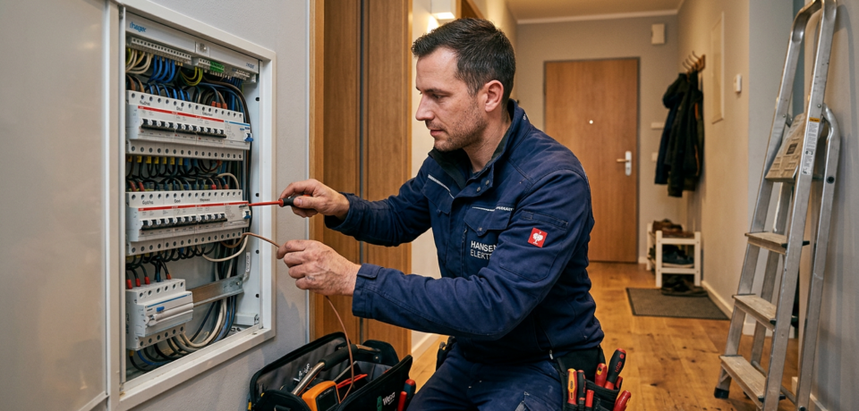 A11B1_A professional electrician in work uniform working on a fuse box