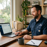 E-Rechnungspflicht für Handwerker 1 Ein Handwerker sitzt in einem hellen Büro an einem Schreibtisch und prüft auf einem Laptop eine digitale Rechnung. Neben ihm liegen Maßband, Funkgerät, Taschenrechner, Notizblock und Kaffeetasse; Regale mit Werkzeugkoffern, Schutzhelmen und Ordnern im Hintergrund verdeutlichen die Organisation eines Handwerksbetriebs und das Thema E-Rechnung.