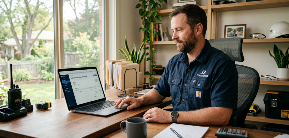 E-Rechnungspflicht für Handwerker 1 Ein Handwerker sitzt in einem hellen Büro an einem Schreibtisch und prüft auf einem Laptop eine digitale Rechnung. Neben ihm liegen Maßband, Funkgerät, Taschenrechner, Notizblock und Kaffeetasse; Regale mit Werkzeugkoffern, Schutzhelmen und Ordnern im Hintergrund verdeutlichen die Organisation eines Handwerksbetriebs und das Thema E-Rechnung.