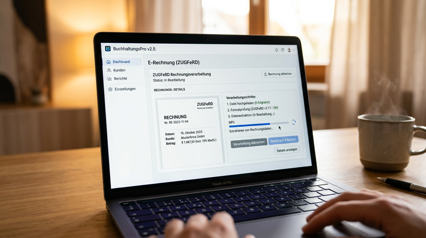 Nahaufnahme eines Laptops auf einem Holztisch, auf dessen Bildschirm eine Buchhaltungssoftware zur Verarbeitung einer E-Rechnung im ZUGFeRD-Format geöffnet ist. Eine Hand bedient das Touchpad, daneben stehen eine dampfende Kaffeetasse und ein Stift; die warme Beleuchtung vermittelt eine ruhige Arbeitssituation im Büro oder Homeoffice.
