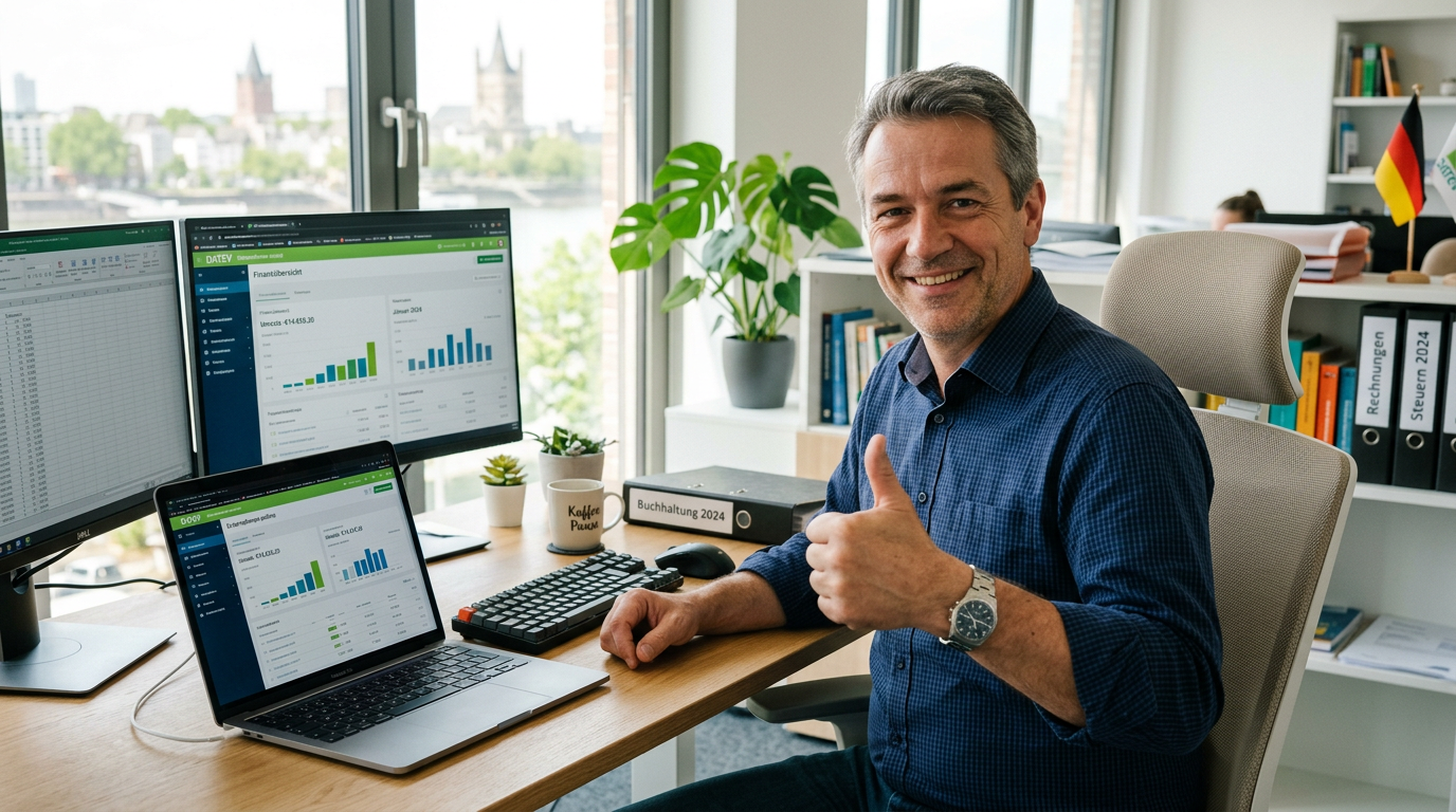 Ein lächelnder Mann sitzt an einem modernen Büroarbeitsplatz und zeigt mit dem Daumen nach oben. Auf mehreren Bildschirmen und einem Laptop sind Buchhaltungs- und Finanzübersichten geöffnet; Ordner, Tastatur, Kaffeetasse und kleine Deutschland- sowie EU-Flaggen im Hintergrund unterstreichen das Thema digitale Buchhaltung und E-Rechnungen.