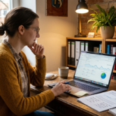 Google Ads vs. SEO 1 Eine Frau sitzt an einem Schreibtisch in einem gemütlichen Büro und analysiert auf ihrem Laptop Diagramme und Kennzahlen einer Online-Marketing- oder Website-Auswertung. Neben dem Rechner liegen ausgedruckte Notizen mit Chart, Stift und Kaffeetasse; Bücherregal, Ordner, Pflanzen und warmes Licht vermitteln konzentrierte Arbeit an Themen wie Google Ads vs. SEO für kleine Unternehmen.