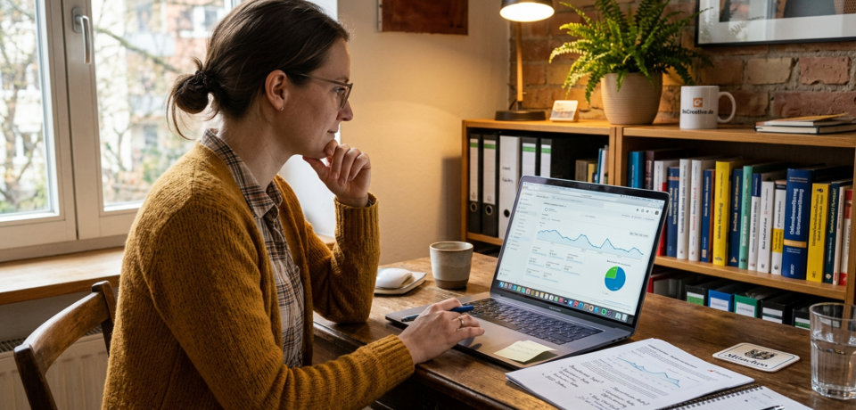 Google Ads vs. SEO 1 Eine Frau sitzt an einem Schreibtisch in einem gemütlichen Büro und analysiert auf ihrem Laptop Diagramme und Kennzahlen einer Online-Marketing- oder Website-Auswertung. Neben dem Rechner liegen ausgedruckte Notizen mit Chart, Stift und Kaffeetasse; Bücherregal, Ordner, Pflanzen und warmes Licht vermitteln konzentrierte Arbeit an Themen wie Google Ads vs. SEO für kleine Unternehmen.