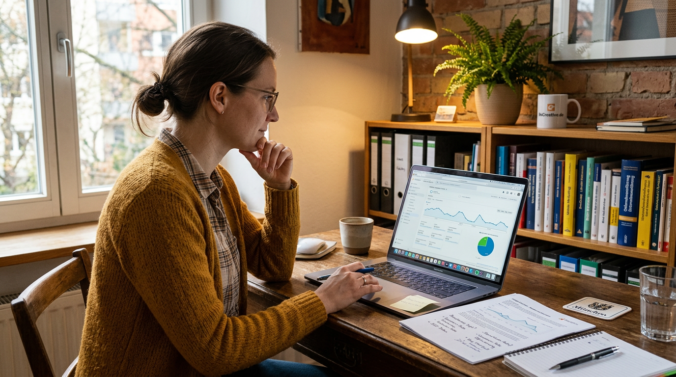 Eine Frau sitzt an einem Schreibtisch in einem gemütlichen Büro und analysiert auf ihrem Laptop Diagramme und Kennzahlen einer Online-Marketing- oder Website-Auswertung. Neben dem Rechner liegen ausgedruckte Notizen mit Chart, Stift und Kaffeetasse; Bücherregal, Ordner, Pflanzen und warmes Licht vermitteln konzentrierte Arbeit an Themen wie Google Ads vs. SEO für kleine Unternehmen.