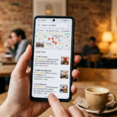 Google Business Profil optimieren 1 Eine Person hält in einem gemütlichen Café ein Smartphone in der Hand, auf dem eine Google-Maps-Suche nach Cafés in der Nähe mit Karte, Bewertungen und lokalen Suchergebnissen zu sehen ist. Im Hintergrund sitzen Gäste an Tischen, eine Kaffeetasse steht im Vordergrund und die warme Café-Atmosphäre verdeutlicht das Thema lokale Sichtbarkeit und Google-Business-Profil-Optimierung.