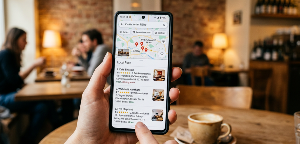 Google Business Profil optimieren 1 Eine Person hält in einem gemütlichen Café ein Smartphone in der Hand, auf dem eine Google-Maps-Suche nach Cafés in der Nähe mit Karte, Bewertungen und lokalen Suchergebnissen zu sehen ist. Im Hintergrund sitzen Gäste an Tischen, eine Kaffeetasse steht im Vordergrund und die warme Café-Atmosphäre verdeutlicht das Thema lokale Sichtbarkeit und Google-Business-Profil-Optimierung.