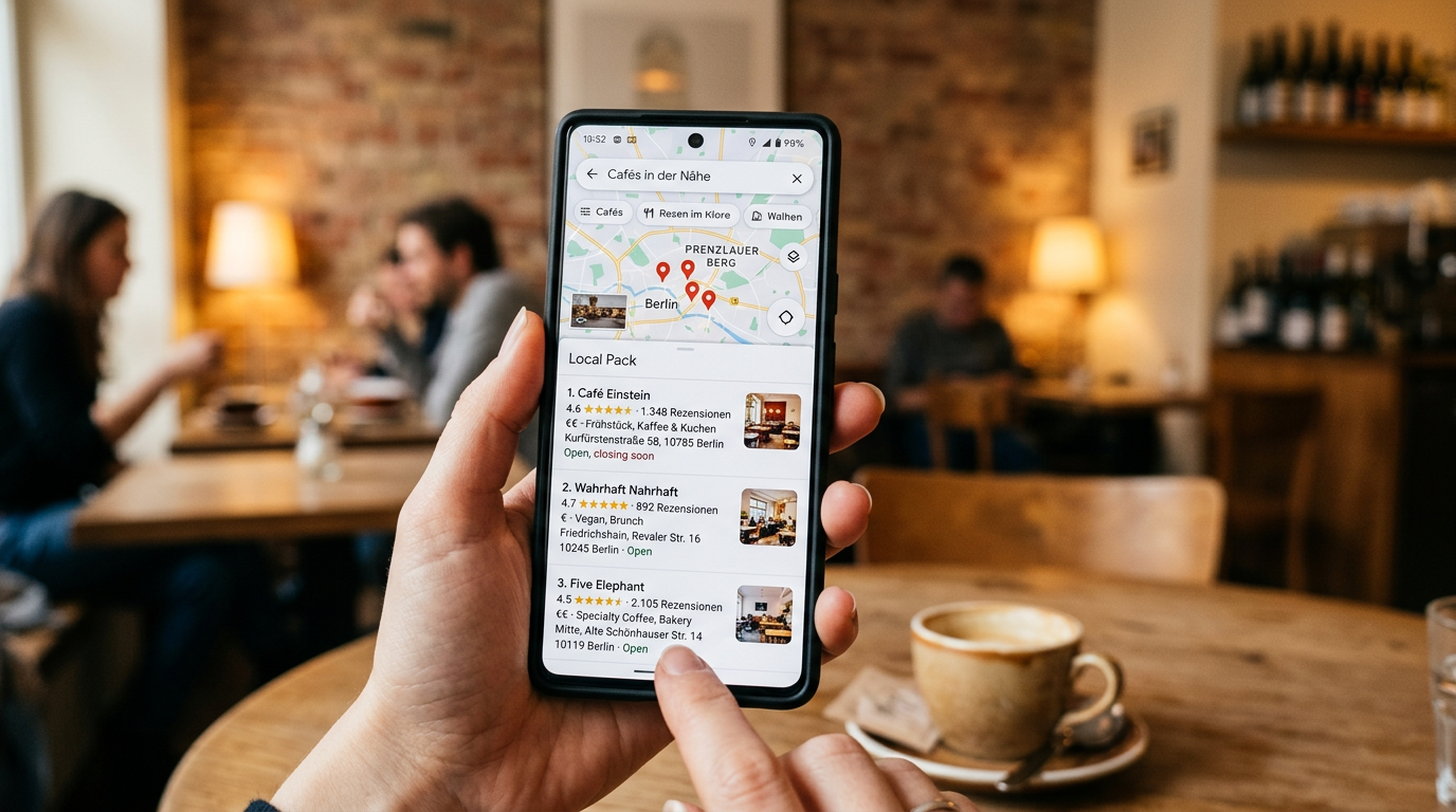 Eine Person hält in einem gemütlichen Café ein Smartphone in der Hand, auf dem eine Google-Maps-Suche nach Cafés in der Nähe mit Karte, Bewertungen und lokalen Suchergebnissen zu sehen ist. Im Hintergrund sitzen Gäste an Tischen, eine Kaffeetasse steht im Vordergrund und die warme Café-Atmosphäre verdeutlicht das Thema lokale Sichtbarkeit und Google-Business-Profil-Optimierung.