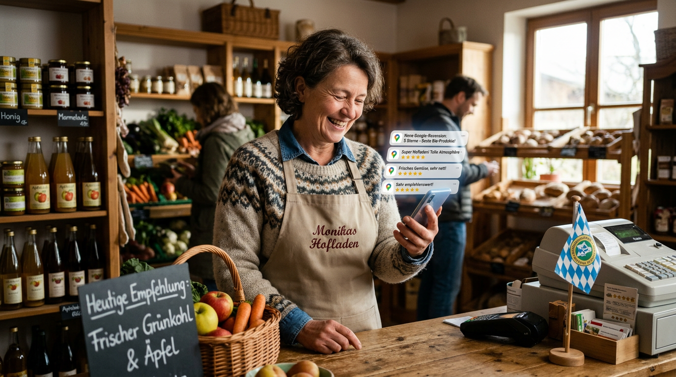 Eine lächelnde Ladenbesitzerin steht hinter der Theke eines kleinen Hofladens und schaut auf ihr Smartphone. Eingeblendete Google-Rezensionen mit Sternebewertungen erscheinen neben dem Display, während im Hintergrund Regale mit regionalen Produkten, frisches Gemüse, Brot und Kunden zu sehen sind. Die Szene verdeutlicht, wie positive Bewertungen und ein gepflegtes Google-Business-Profil die lokale Sichtbarkeit und das Vertrauen in ein Geschäft stärken können.
