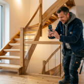 Ein Handwerker steht in einem hellen Hausflur vor einer neu eingebauten Holztreppe und fotografiert sie mit seinem Smartphone. Er trägt Arbeitskleidung mit Werkzeug am Gürtel und wirkt zufrieden mit dem fertigen Projekt. Große Fenster, Holzboden und moderne Geländer aus Holz und Glas unterstreichen die hochwertige Innenausbau-Arbeit und zeigen, wie Handwerksbetriebe ihre Projekte für Social Media dokumentieren können.