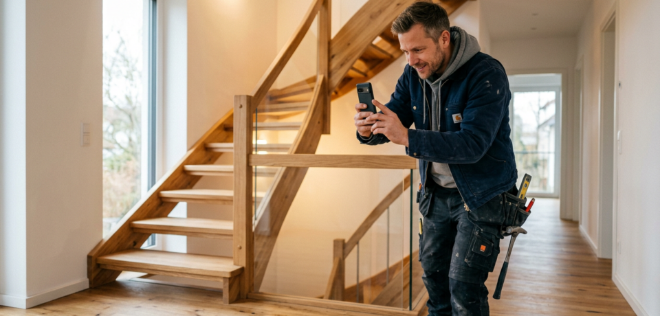 Social Media für Handwerker 1 Ein Handwerker steht in einem hellen Hausflur vor einer neu eingebauten Holztreppe und fotografiert sie mit seinem Smartphone. Er trägt Arbeitskleidung mit Werkzeug am Gürtel und wirkt zufrieden mit dem fertigen Projekt. Große Fenster, Holzboden und moderne Geländer aus Holz und Glas unterstreichen die hochwertige Innenausbau-Arbeit und zeigen, wie Handwerksbetriebe ihre Projekte für Social Media dokumentieren können.