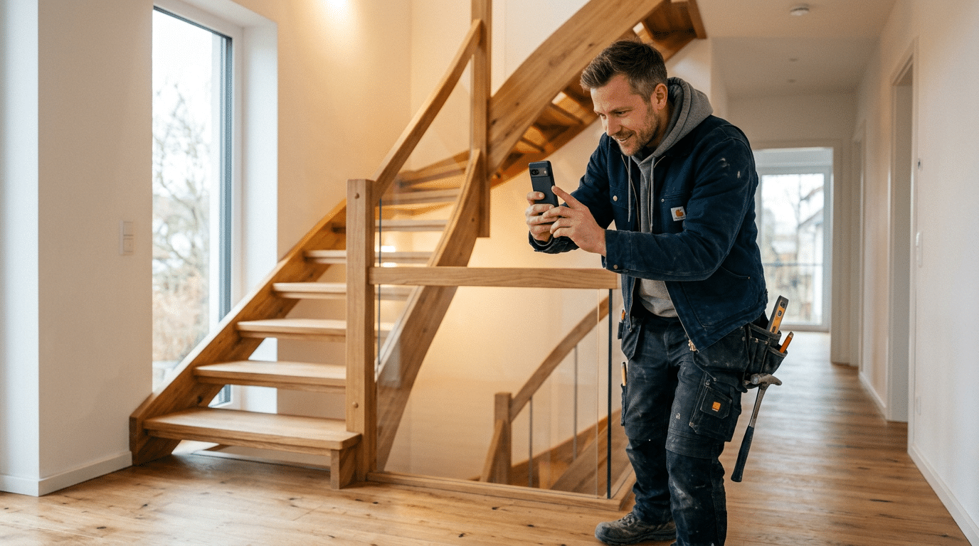 Ein Handwerker steht in einem hellen Hausflur vor einer neu eingebauten Holztreppe und fotografiert sie mit seinem Smartphone. Er trägt Arbeitskleidung mit Werkzeug am Gürtel und wirkt zufrieden mit dem fertigen Projekt. Große Fenster, Holzboden und moderne Geländer aus Holz und Glas unterstreichen die hochwertige Innenausbau-Arbeit und zeigen, wie Handwerksbetriebe ihre Projekte für Social Media dokumentieren können.