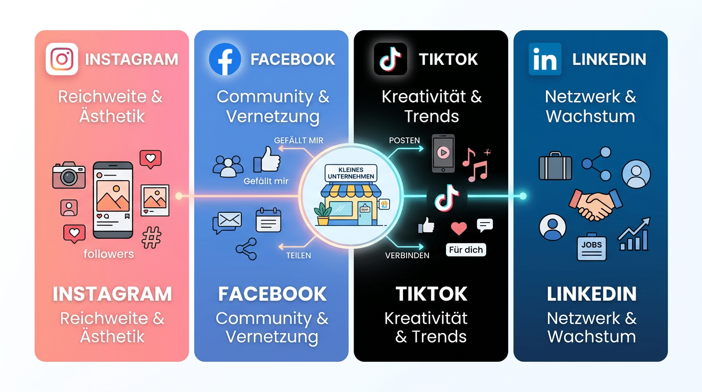 Infografik mit vier nebeneinanderstehenden Social-Media-Plattformen für kleine Unternehmen: Instagram steht für Reichweite und Ästhetik, Facebook für Community und Vernetzung, TikTok für Kreativität und Trends sowie LinkedIn für Netzwerk und Wachstum. In der Mitte ist ein kleines Geschäft als Symbol für ein lokales Unternehmen zu sehen, von dem Verbindungen zu den einzelnen Kanälen ausgehen. Icons wie Likes, Follower, Teilen, Jobs, Netzwerk und Trendpfeile verdeutlichen die unterschiedlichen Einsatzmöglichkeiten im Social-Media-Marketing.