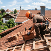 Website für Dachdecker 1 Ein Dachdecker mit orangefarbenem Schutzhelm und Sicherheitsgurt kniet auf einem Ziegeldach und verlegt neue Dachziegel. Im Hintergrund sind ein bayerisch wirkendes Dorf mit Kirche, Häusern und grünen Bergen zu sehen; die Aufnahme zeigt fachgerechte Dacharbeiten in luftiger Höhe.