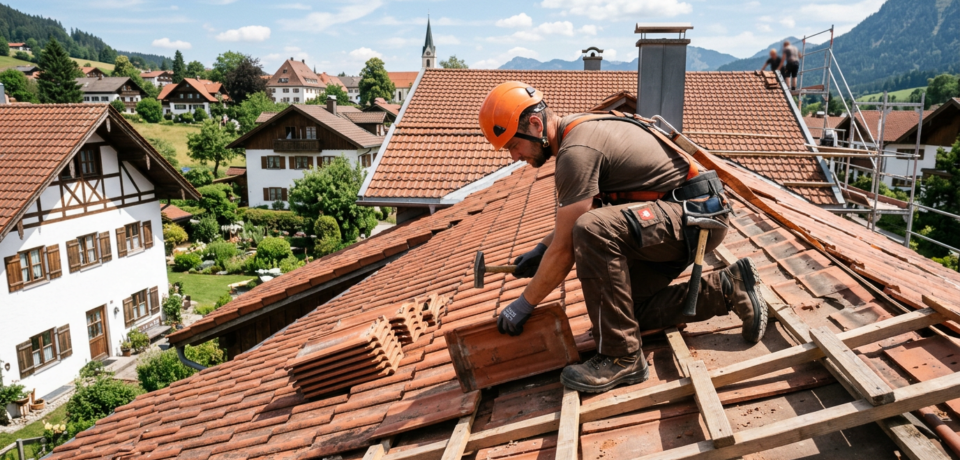 Website für Dachdecker 1 Ein Dachdecker mit orangefarbenem Schutzhelm und Sicherheitsgurt kniet auf einem Ziegeldach und verlegt neue Dachziegel. Im Hintergrund sind ein bayerisch wirkendes Dorf mit Kirche, Häusern und grünen Bergen zu sehen; die Aufnahme zeigt fachgerechte Dacharbeiten in luftiger Höhe.
