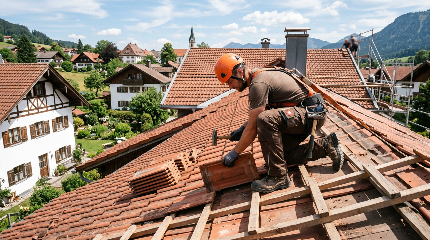 Ein Dachdecker mit orangefarbenem Schutzhelm und Sicherheitsgurt kniet auf einem Ziegeldach und verlegt neue Dachziegel. Im Hintergrund sind ein bayerisch wirkendes Dorf mit Kirche, Häusern und grünen Bergen zu sehen; die Aufnahme zeigt fachgerechte Dacharbeiten in luftiger Höhe.