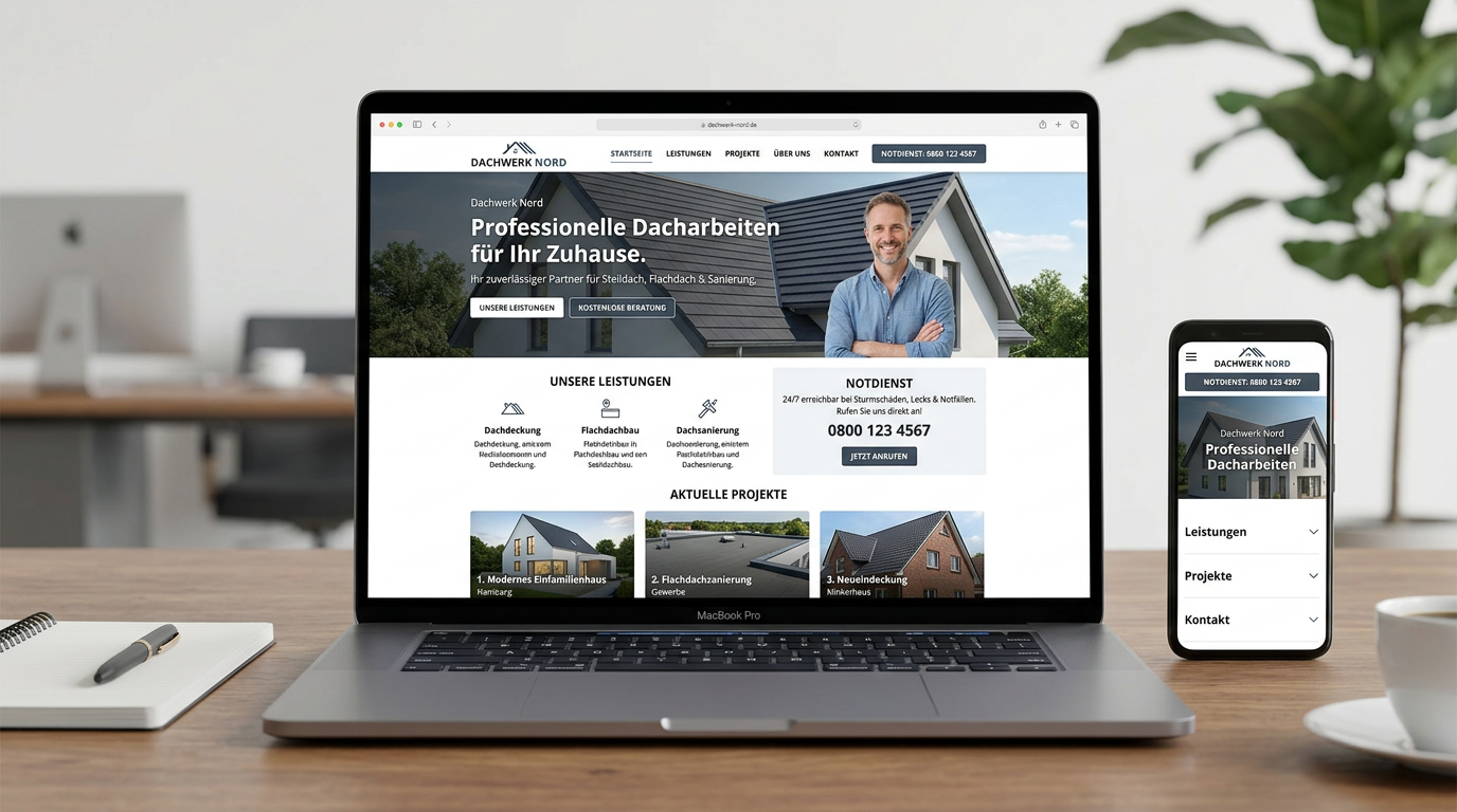 Ein Laptop und ein Smartphone zeigen die responsive Website eines Dachdeckerbetriebs mit Informationen zu Dacharbeiten, Leistungen, Projekten und einem Notdienst. Auf dem Schreibtisch liegen ein Notizblock, ein Stift und eine Kaffeetasse; im Hintergrund sorgen Pflanzen und eine helle Büroeinrichtung für eine moderne Arbeitsatmosphäre.