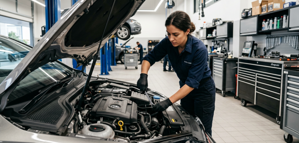 Eine Kfz-Mechatronikerin arbeitet in einer modernen Autowerkstatt am geöffneten Motorraum eines Fahrzeugs. Sie trägt Arbeitskleidung und Handschuhe und prüft konzentriert Bauteile im Motorbereich. Im Hintergrund sind Hebebühnen, weitere Fahrzeuge, Werkzeugwagen, Regale mit Werkstattbedarf und ein weiterer Mitarbeiter zu sehen, wodurch die Szene professionelle Fahrzeugwartung, Reparatur und Service in einer gut ausgestatteten Kfz-Werkstatt vermittelt.