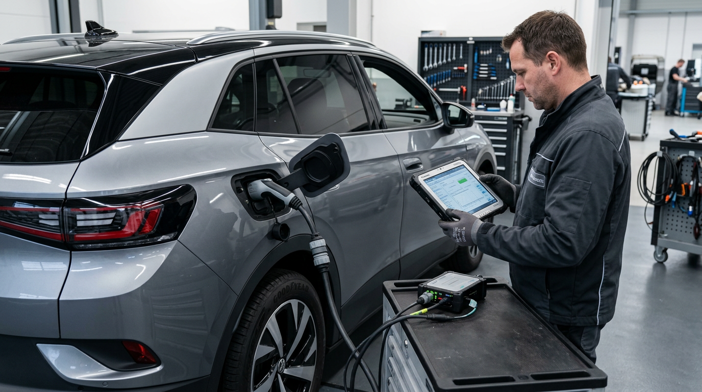 Ein Kfz-Mechatroniker steht in einer modernen Werkstatt neben einem angeschlossenen Elektroauto und prüft mit einem Tablet die Fahrzeugdaten. Das Ladekabel steckt im geöffneten Ladeanschluss, daneben steht ein Diagnosegerät auf einem Werkstattwagen. Im Hintergrund sind Werkzeugwände, weitere Arbeitsplätze und ein zweiter Mitarbeiter zu sehen, wodurch die Szene professionelle E-Auto-Wartung, Diagnose und Elektromobilitäts-Service in einer Kfz-Werkstatt vermittelt.