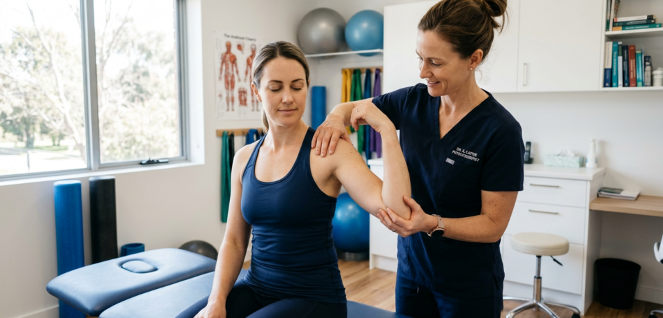 Website für Physiotherapeuten & Heilpraktiker 1 Eine Physiotherapeutin untersucht in einem hellen Behandlungsraum vorsichtig den Arm und die Schulter einer sitzenden Patientin. Im Hintergrund sind eine Behandlungsliege, Trainingsbälle, Faszienrollen, Übungsbänder und ein Anatomieposter zu sehen, wodurch die Szene eine professionelle physiotherapeutische Beratung oder manuelle Untersuchung vermittelt.