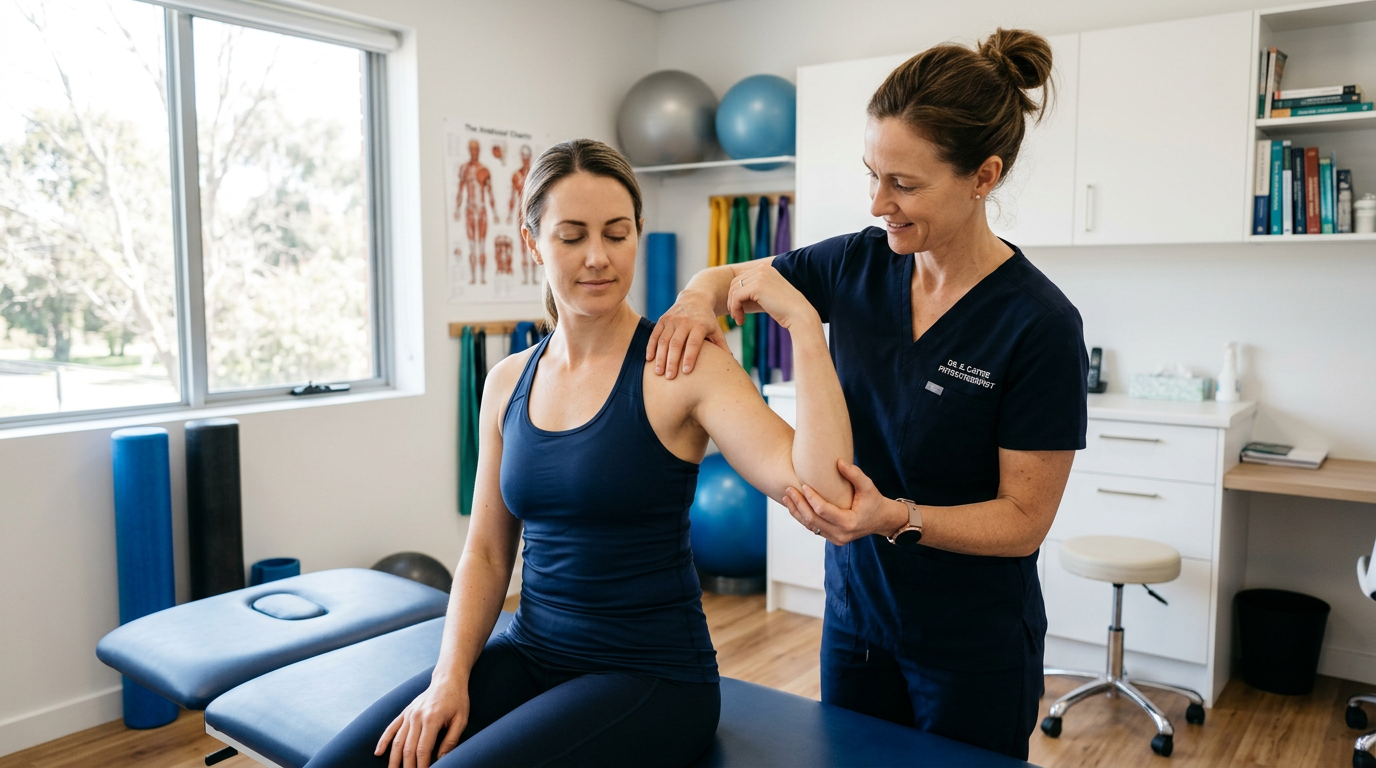 Eine Physiotherapeutin untersucht in einem hellen Behandlungsraum vorsichtig den Arm und die Schulter einer sitzenden Patientin. Im Hintergrund sind eine Behandlungsliege, Trainingsbälle, Faszienrollen, Übungsbänder und ein Anatomieposter zu sehen, wodurch die Szene eine professionelle physiotherapeutische Beratung oder manuelle Untersuchung vermittelt.