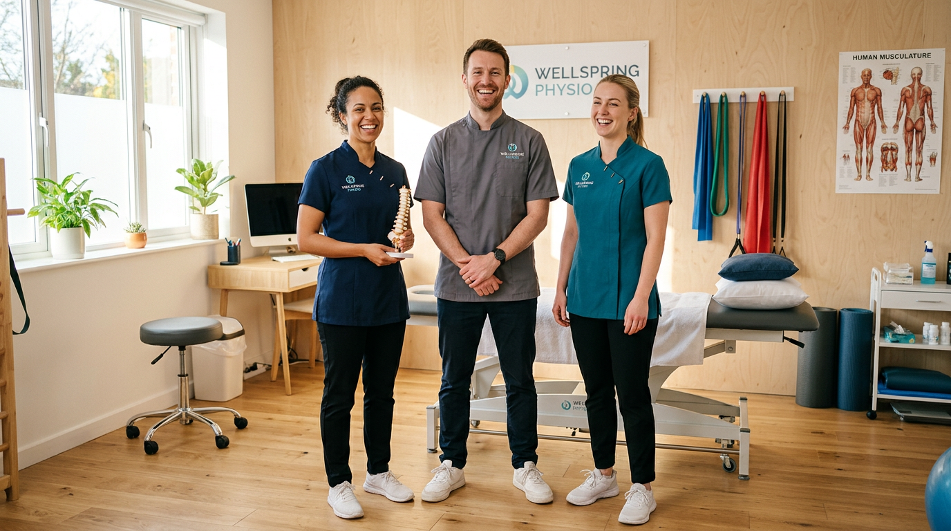 Drei Physiotherapeuten stehen lächelnd in einem hellen Praxisraum vor einer Behandlungsliege. Im Hintergrund sind ein Praxisschild, ein Anatomieposter, Trainingsbänder, Faszienrollen und weitere Therapieausstattung zu sehen; die Szene vermittelt ein professionelles, freundliches Team in einer modernen Physiotherapiepraxis.
