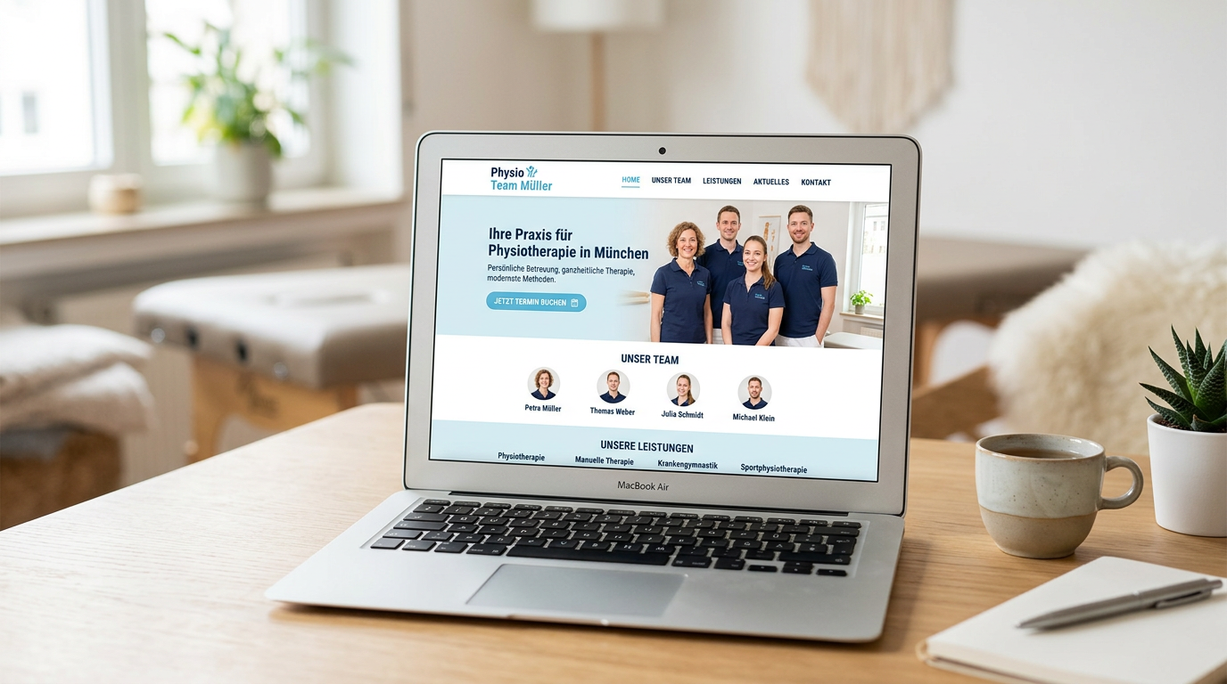 Ein Laptop auf einem hellen Schreibtisch zeigt die Website einer Physiotherapiepraxis mit Teamfoto, Leistungsübersicht und Button zur Terminbuchung. Im Hintergrund sind eine Behandlungsliege, eine Pflanze, eine Tasse und ein Notizbuch zu sehen; die freundliche, helle Umgebung vermittelt einen modernen Online-Auftritt für Physiotherapeuten oder Heilpraktiker.