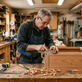 Ein Tischler arbeitet konzentriert in einer gut ausgestatteten Holzwerkstatt an einem maßgefertigten Holzmöbel. Mit Werkzeugen, Spänen, Werkbank, Schraubzwingen, Holzplatten und Maschinen im Hintergrund wird handwerkliche Präzision und hochwertige Maßarbeit sichtbar. Die Szene eignet sich für Themen wie Tischlerei, Möbelbau, Schreinerarbeiten, individuelle Holzarbeiten und eine professionelle Website für Handwerksbetriebe.