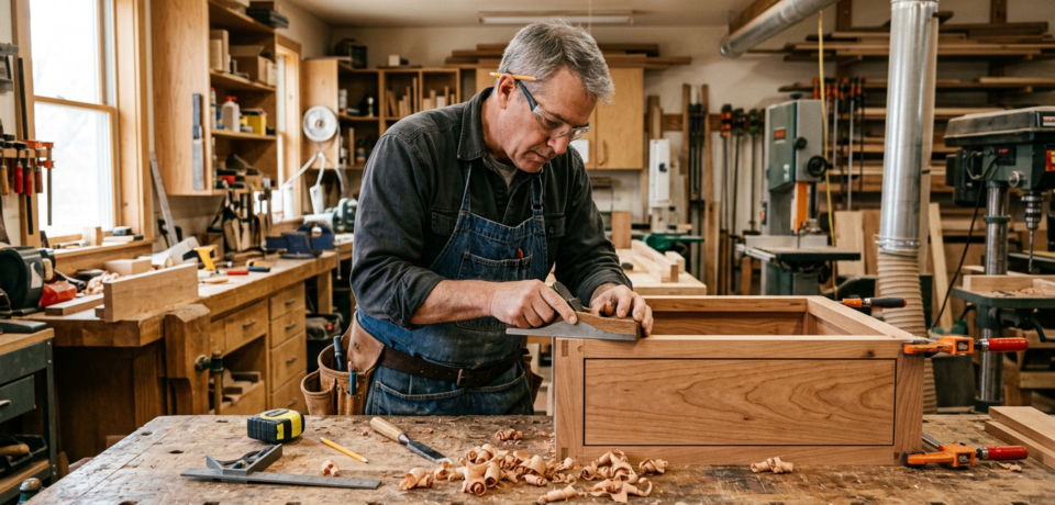 Website für Tischler (1) Ein Tischler arbeitet konzentriert in einer gut ausgestatteten Holzwerkstatt an einem maßgefertigten Holzmöbel. Mit Werkzeugen, Spänen, Werkbank, Schraubzwingen, Holzplatten und Maschinen im Hintergrund wird handwerkliche Präzision und hochwertige Maßarbeit sichtbar. Die Szene eignet sich für Themen wie Tischlerei, Möbelbau, Schreinerarbeiten, individuelle Holzarbeiten und eine professionelle Website für Handwerksbetriebe.