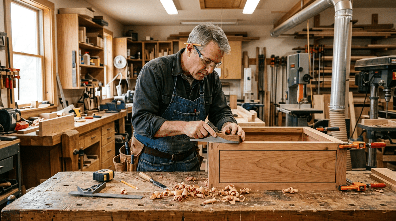 Ein Tischler arbeitet konzentriert in einer gut ausgestatteten Holzwerkstatt an einem maßgefertigten Holzmöbel. Mit Werkzeugen, Spänen, Werkbank, Schraubzwingen, Holzplatten und Maschinen im Hintergrund wird handwerkliche Präzision und hochwertige Maßarbeit sichtbar. Die Szene eignet sich für Themen wie Tischlerei, Möbelbau, Schreinerarbeiten, individuelle Holzarbeiten und eine professionelle Website für Handwerksbetriebe.