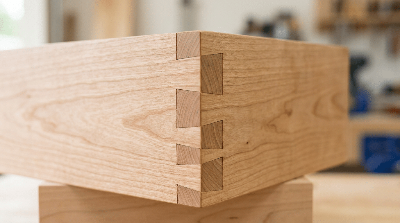 Nahaufnahme einer präzise gefertigten Holzverbindung an der Ecke eines Möbelstücks oder Holzkastens. Die sauber gearbeiteten Zinken, die natürliche Maserung und die glatte Oberfläche zeigen handwerkliche Qualität und Liebe zum Detail. Das Bild eignet sich für Themen wie Tischlerei, Möbelbau, Schreinerhandwerk, Maßanfertigung und hochwertige Holzarbeiten.