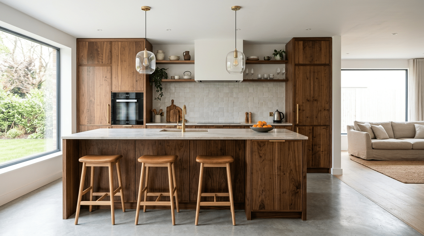 Eine moderne, maßgefertigte Küche mit warmen Holzfronten, großer Kücheninsel, heller Arbeitsplatte und drei Barhockern. Große Fenster, dezente Pendelleuchten, offene Regale, helle Wandfliesen und der Blick ins angrenzende Wohnzimmer schaffen eine hochwertige, wohnliche Atmosphäre. Das Bild eignet sich für Themen wie Tischlerei, Küchenbau, individuelle Maßanfertigung, Innenausbau und hochwertige Holzarbeiten.