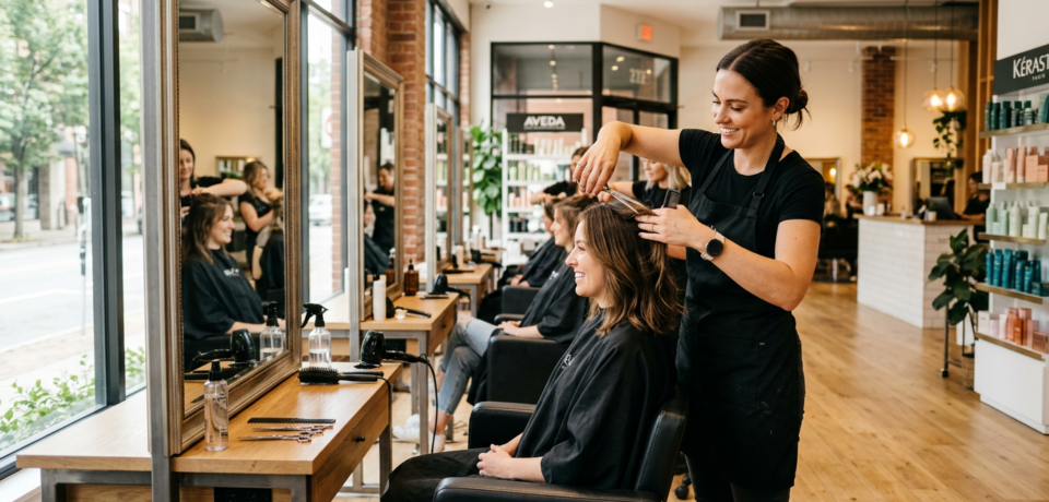 A23_A skilled hairdresser styling a client's hair in a bright modern salon