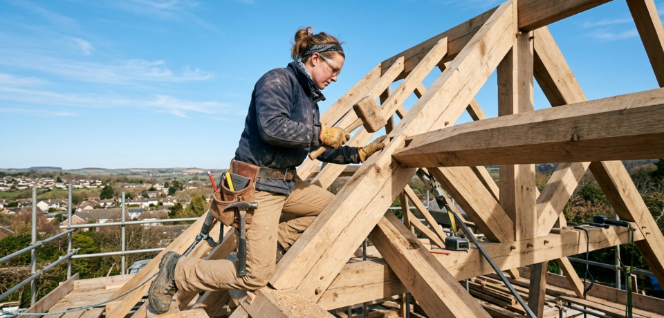 AF26_A skilled carpenter in work clothes on a wooden roof structure AF26_A skilled carpenter in work clothes on a wooden roof structure