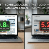 Ladezeit einer Website (1) Grafische Gegenüberstellung von zwei Laptops mit derselben Website: Links wird eine schnelle Ladezeit mit grünem Hinweis und 0,8 Sekunden dargestellt, rechts eine langsame Ladezeit mit rotem Hinweis und 5,2 Sekunden. Das Bild visualisiert den direkten Unterschied zwischen einer optimierten und einer langsamen Website