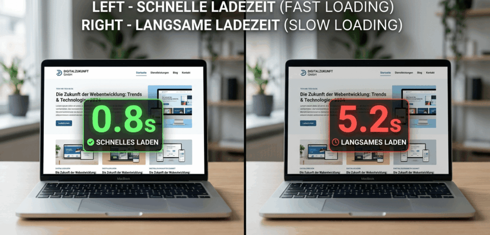 Ladezeit einer Website (1) Grafische Gegenüberstellung von zwei Laptops mit derselben Website: Links wird eine schnelle Ladezeit mit grünem Hinweis und 0,8 Sekunden dargestellt, rechts eine langsame Ladezeit mit rotem Hinweis und 5,2 Sekunden. Das Bild visualisiert den direkten Unterschied zwischen einer optimierten und einer langsamen Website