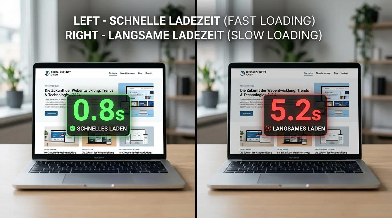Grafische Gegenüberstellung von zwei Laptops mit derselben Website: Links wird eine schnelle Ladezeit mit grünem Hinweis und 0,8 Sekunden dargestellt, rechts eine langsame Ladezeit mit rotem Hinweis und 5,2 Sekunden. Das Bild visualisiert den direkten Unterschied zwischen einer optimierten und einer langsamen Website