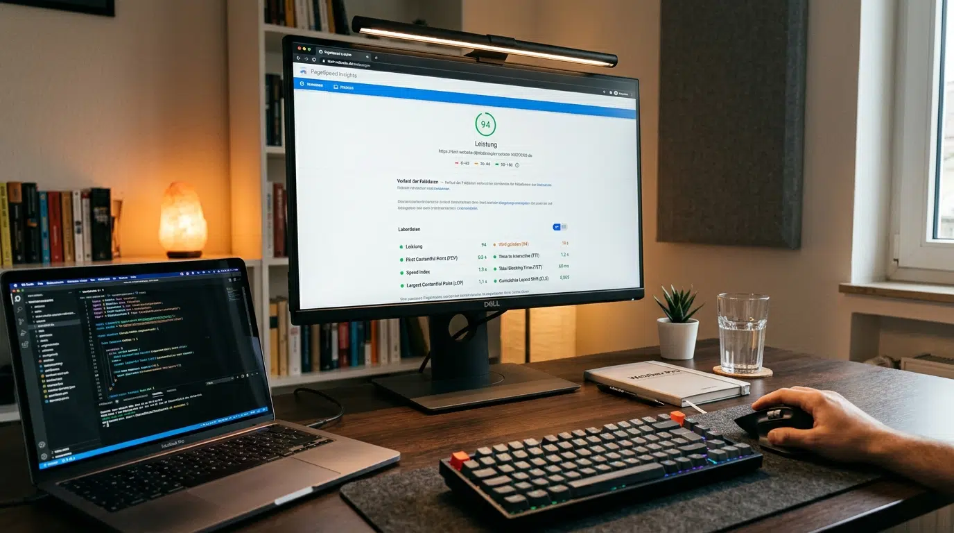 Professioneller Arbeitsplatz für Webentwicklung mit Laptop, externem Monitor und Tastatur. Auf dem großen Bildschirm ist ein PageSpeed- bzw. Performance-Test einer Website mit einem guten Leistungswert zu sehen, während auf dem Laptop Programmcode geöffnet ist. Das Bild steht für technische Website-Optimierung, schnelle Ladezeiten, Performance-Analyse, Webdesign, Suchmaschinenoptimierung und professionelle Webseiten-Betreuung.