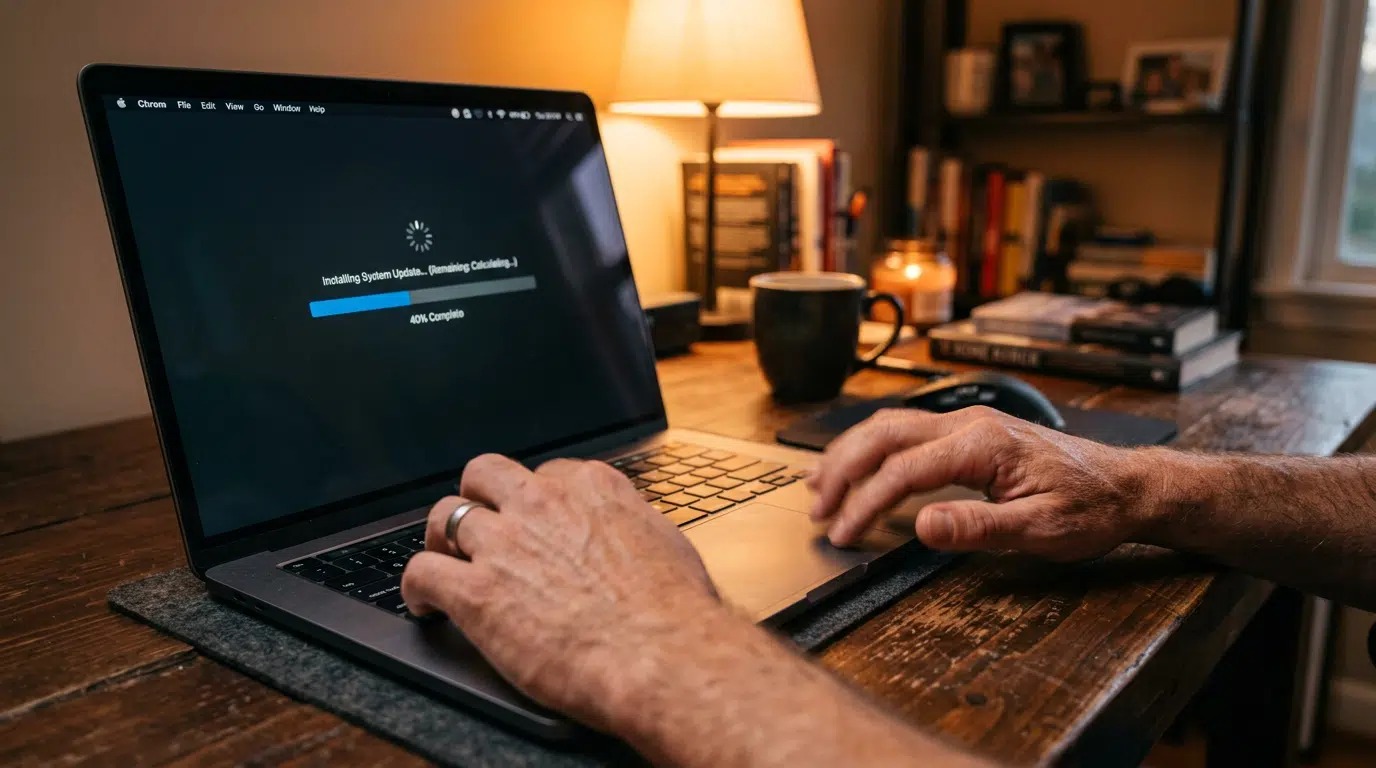 Nahaufnahme eines Laptops auf einem Schreibtisch, auf dem ein System- oder Software-Update mit Fortschrittsanzeige läuft. Die Hände einer Person bedienen Tastatur und Trackpad, während im Hintergrund eine warme Arbeitsatmosphäre mit Lampe, Büchern und Kaffeetasse zu sehen ist.