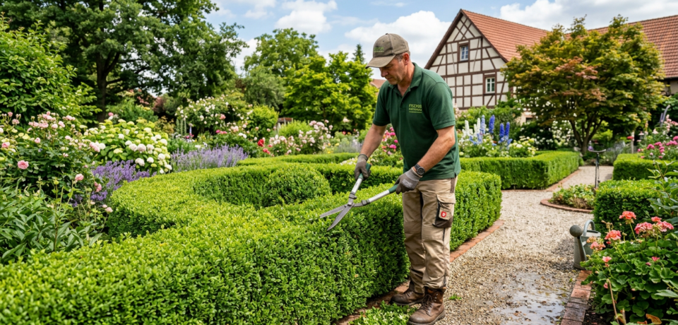 Ein Gärtner schneidet in einer gepflegten Gartenanlage eine Buchsbaumhecke. Umgeben von blühenden Beeten, Kieswegen, Rosen, Lavendel und einem Fachwerkhaus entsteht der Eindruck professioneller Landschaftspflege. Das Bild passt zu Gartenbau, Heckenschnitt, Gartenpflege, Beetpflege und hochwertiger Gartengestaltung.
