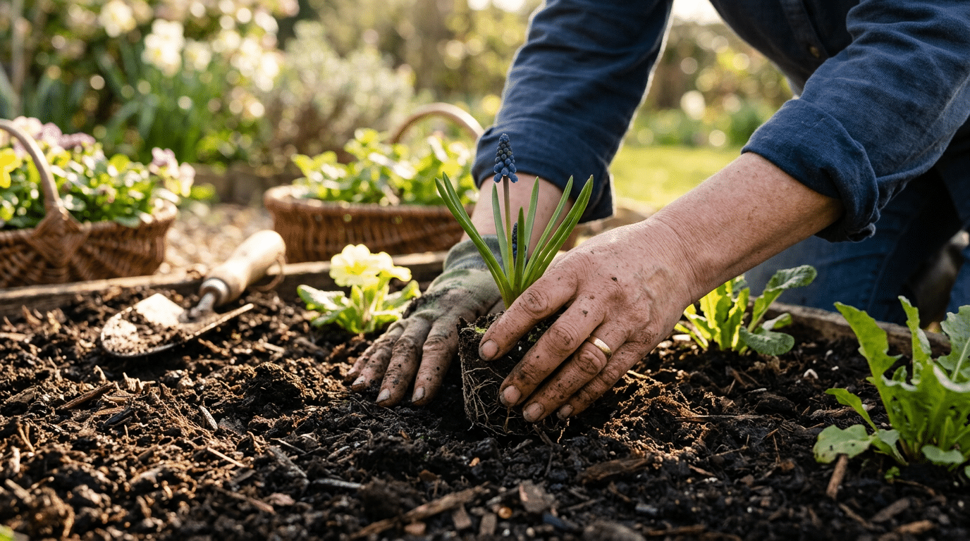 Nahaufnahme von Händen, die eine kleine Blühpflanze in ein Gartenbeet setzen. Erde, Wurzeln, Gartenschaufel, Körbe und weitere Pflanzen im Hintergrund zeigen die sorgfältige Arbeit bei der Beetgestaltung. Die Szene eignet sich für Gartenbau, Pflanzarbeiten, Gartenpflege und naturnahe Gestaltung von Außenanlagen.