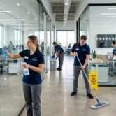 Website für Gebäudereinigung 1 Ein Reinigungsteam arbeitet in einem modernen Großraumbüro mit Glaswänden, Schreibtischen und Besprechungsräumen. Mehrere Mitarbeitende reinigen Fenster, Böden und Arbeitsflächen, während Reinigungswagen und Warnschild auf professionelle Abläufe hinweisen. Das Bild passt zu Büroreinigung, Unterhaltsreinigung, Glasreinigung und gewerblichem Reinigungsservice.