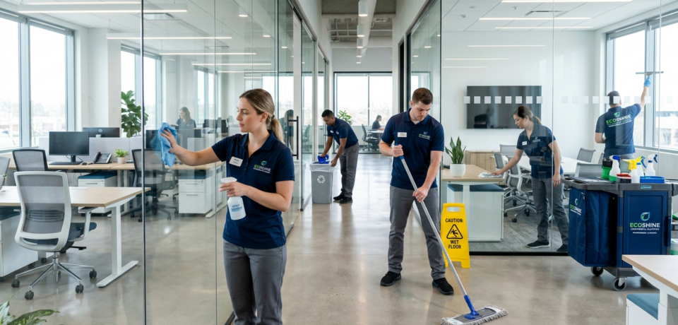 Ein Reinigungsteam arbeitet in einem modernen Großraumbüro mit Glaswänden, Schreibtischen und Besprechungsräumen. Mehrere Mitarbeitende reinigen Fenster, Böden und Arbeitsflächen, während Reinigungswagen und Warnschild auf professionelle Abläufe hinweisen. Das Bild passt zu Büroreinigung, Unterhaltsreinigung, Glasreinigung und gewerblichem Reinigungsservice.