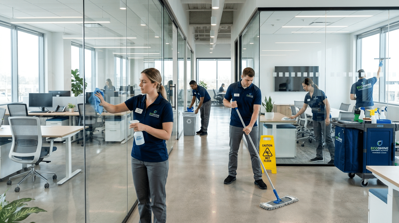Ein Reinigungsteam arbeitet in einem modernen Großraumbüro mit Glaswänden, Schreibtischen und Besprechungsräumen. Mehrere Mitarbeitende reinigen Fenster, Böden und Arbeitsflächen, während Reinigungswagen und Warnschild auf professionelle Abläufe hinweisen. Das Bild passt zu Büroreinigung, Unterhaltsreinigung, Glasreinigung und gewerblichem Reinigungsservice.