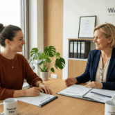 Persönliche Steuerberatung in einem modernen Büro mit Stadtblick: Eine junge Frau sitzt einer Steuerberaterin gegenüber und spricht mit ihr über Unterlagen in einem geöffneten Ordner. Auf dem Tisch liegen Formulare, Notizen, Kaffeetassen und ein Laptop. Im Hintergrund befinden sich Regale mit Fachliteratur, Aktenordnern, Zertifikaten und dem Schriftzug einer Steuerberatungskanzlei.