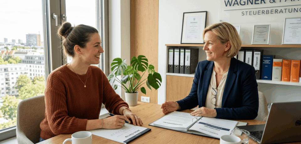 Website für Steuerberater & Buchhalter (4) Persönliche Steuerberatung in einem modernen Büro mit Stadtblick: Eine junge Frau sitzt einer Steuerberaterin gegenüber und spricht mit ihr über Unterlagen in einem geöffneten Ordner. Auf dem Tisch liegen Formulare, Notizen, Kaffeetassen und ein Laptop. Im Hintergrund befinden sich Regale mit Fachliteratur, Aktenordnern, Zertifikaten und dem Schriftzug einer Steuerberatungskanzlei.