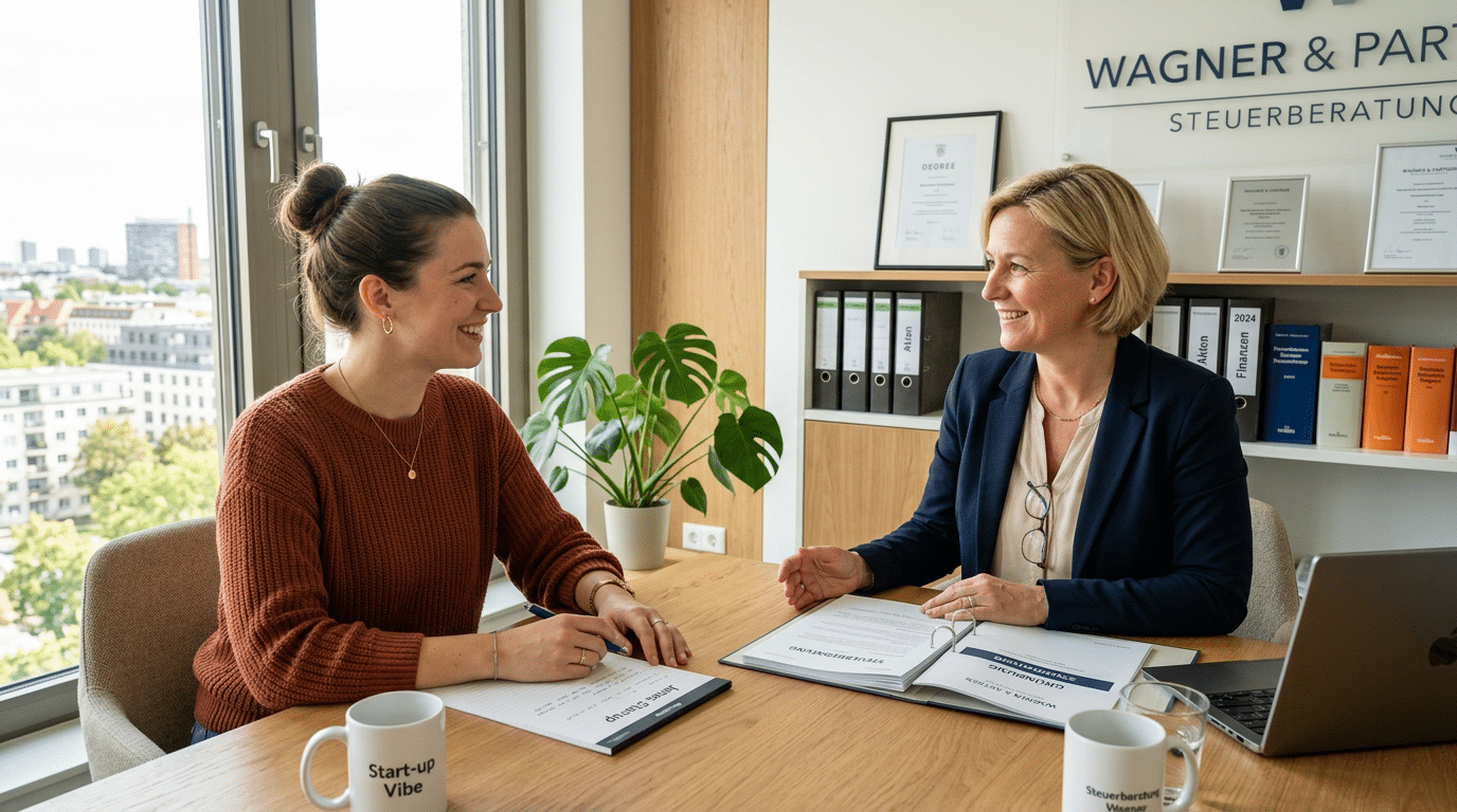 Persönliche Steuerberatung in einem modernen Büro mit Stadtblick: Eine junge Frau sitzt einer Steuerberaterin gegenüber und spricht mit ihr über Unterlagen in einem geöffneten Ordner. Auf dem Tisch liegen Formulare, Notizen, Kaffeetassen und ein Laptop. Im Hintergrund befinden sich Regale mit Fachliteratur, Aktenordnern, Zertifikaten und dem Schriftzug einer Steuerberatungskanzlei.