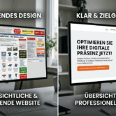Vergleichsgrafik mit zwei Monitoren nebeneinander: Links ist eine überladene, unübersichtliche Website mit vielen Bannern, kleinen Textblöcken, grellen Hinweisen und mehreren Spalten zu sehen. Rechts wird eine moderne, klare und professionelle Website mit großer Überschrift, viel Weißraum, übersichtlicher Navigation, Bildbereich und auffälligem orangefarbenem Call-to-Action-Button dargestellt.